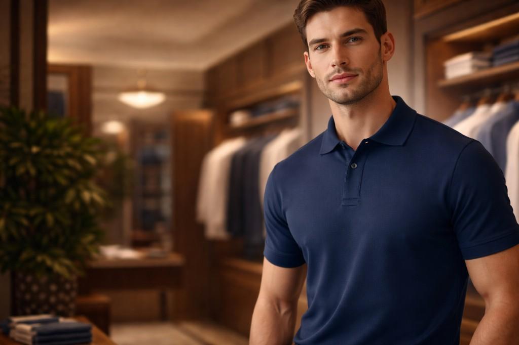 Man in a navy polo shirt in a luxury boutique — PoloShirt