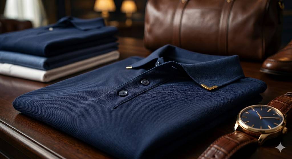Folded navy cotton polo shirt with leather accessories — PoloShirt Jordan