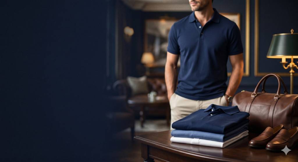 Men's navy polo shirt styled in a luxury interior — PoloShirt Jordan